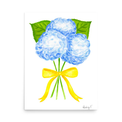 Bunch of Blue Hydrangeas Yellow Bow Watercolor Print | Various Sizes 18″×24″
