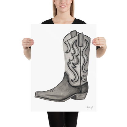 Print | Black & Gray Tonal Watercolor Cowboy Boot Painting Post | Rustic Decor | Southern | Western 18×24