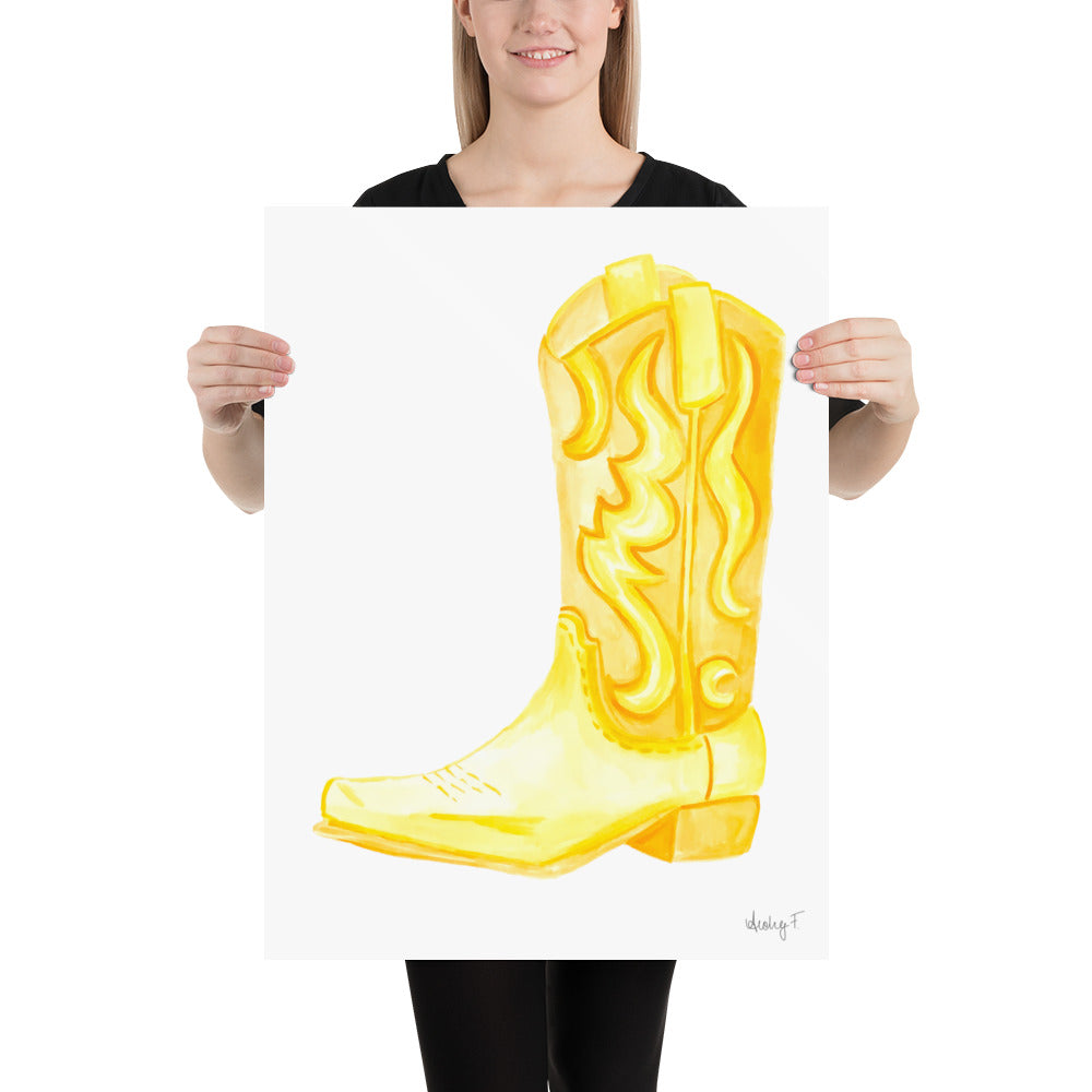 Print | Yellow Watercolor Cowboy Boot | Southern Preppy Decor | Coastal Cowgirl | Rustic Western Art 18×24