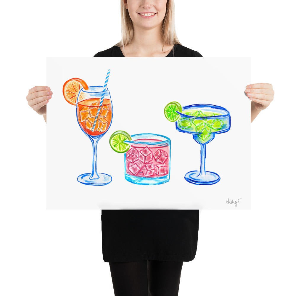 Print | Bright Cocktail Trio Aperol Spritz Margarita Paloma Watercolor | Various Sizes