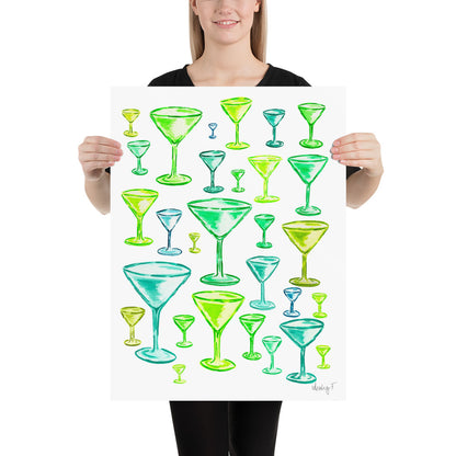 Print | Green Monochromatic Martini Glasses Watercolor | Dirty Espresso Martini | Cocktail Bar Cart Kitchen Wall Art Decor | Preppy | Coastal Cowgirl 18″×24″