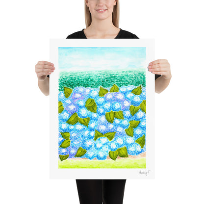 Print | Blue Hydrangea Blooms & Hedge Watercolor | Various Sizes