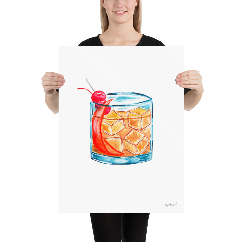 Print | Old Fashioned Whiskey Cocktail Watercolor | Bar Cart Kitchen Decor Poster | Whiskey | Beverage