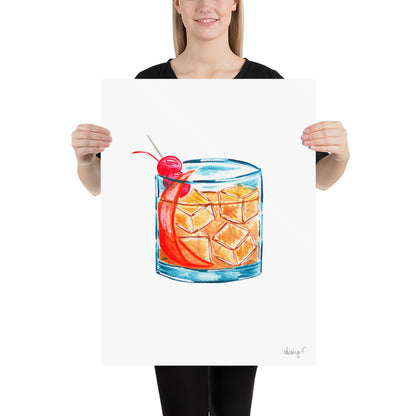 Print | Watercolor Old Fashioned Whiskey Cocktail 18×24