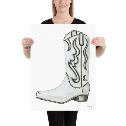 Print | Watercolor White & Gray Cowboy Boot 18″×24″