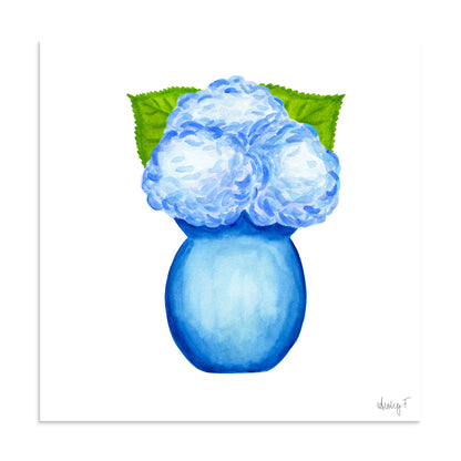 Bunch of Blue Hydrangeas Blue Vase Watercolor Print | Various Sizes 20″×20″