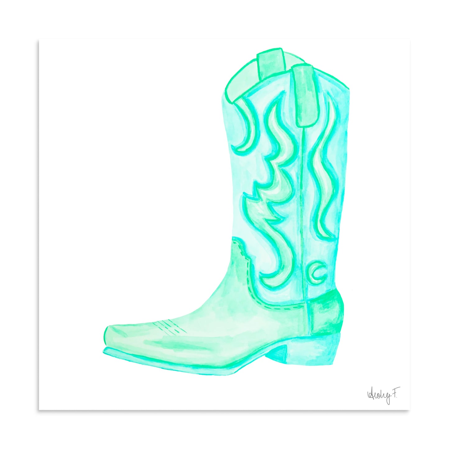 Print | Watercolor Mint Turquoise Cowboy Boot 20″×20″