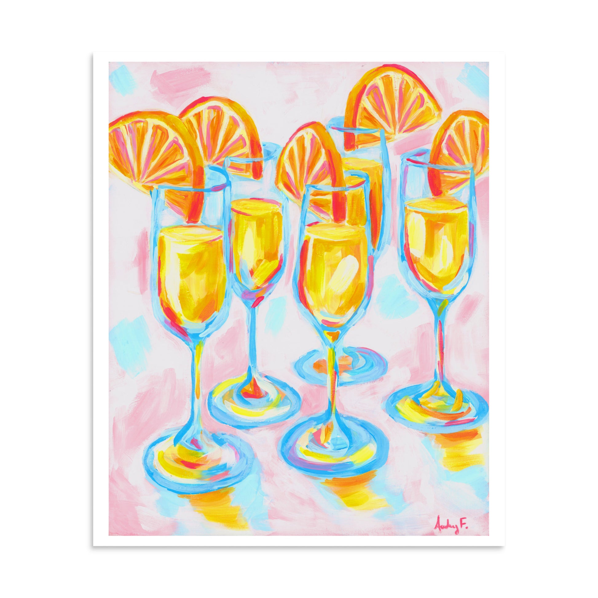 Pink & Orange Mimosas Blue Champagne Flutes Abstract Acrylic Print 20″×24″