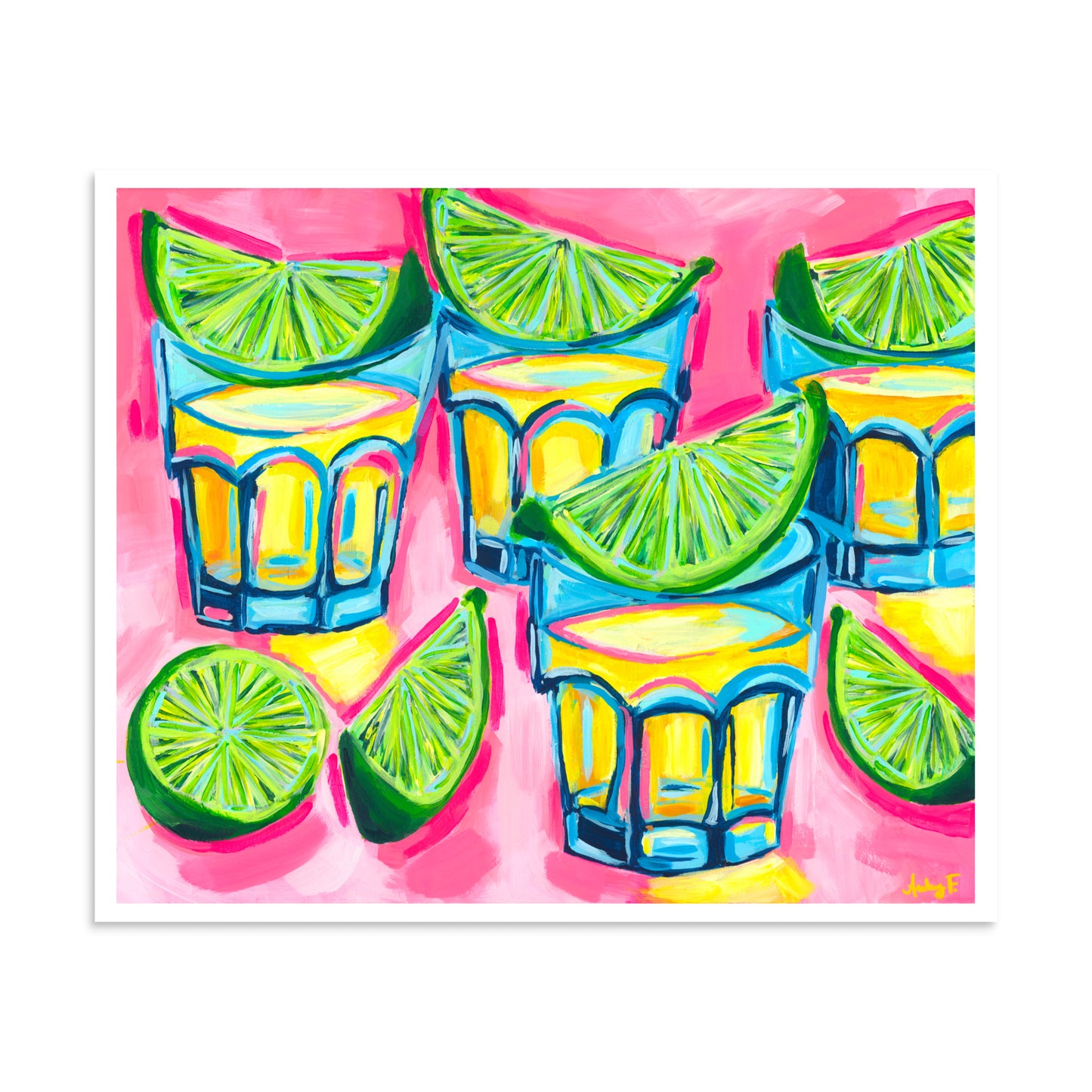 “One More Round” | Pink Tequila Shots & Limes Abstract Acrylic Cocktail Art Print 20″×24″