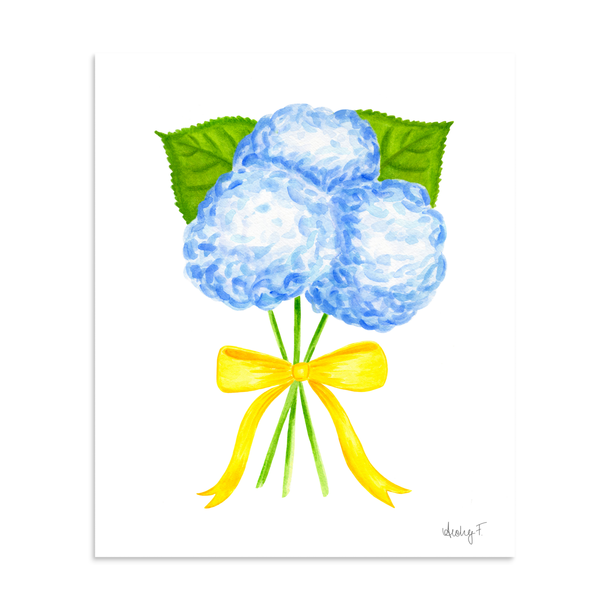 Bunch of Blue Hydrangeas Yellow Bow Watercolor Print | Various Sizes 20×24