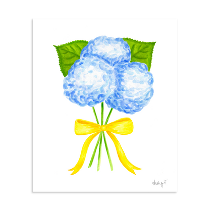 Bunch of Blue Hydrangeas Yellow Bow Watercolor Print | Various Sizes 20×24