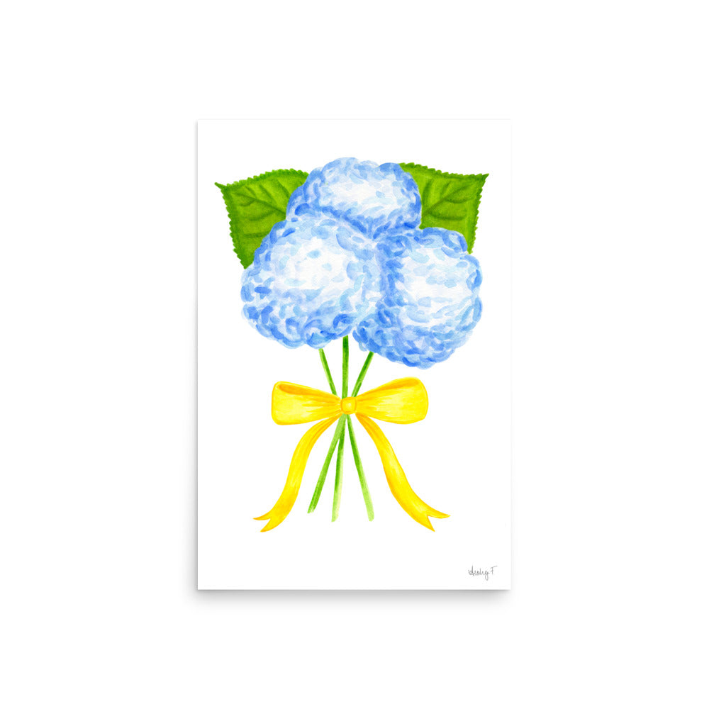 Bunch of Blue Hydrangeas Yellow Bow Watercolor Print | Various Sizes 20″×30″