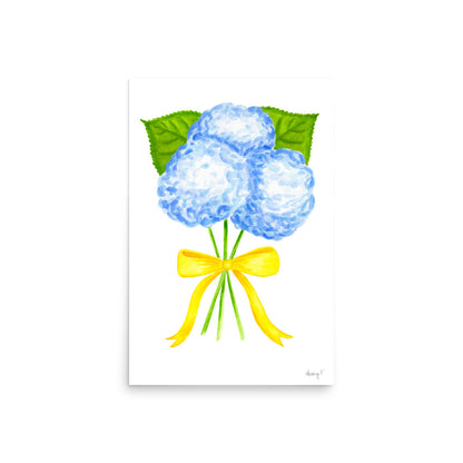 Bunch of Blue Hydrangeas Yellow Bow Watercolor Print | Various Sizes 20″×30″