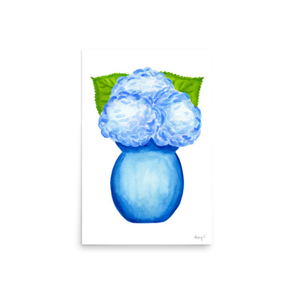 Bunch of Blue Hydrangeas Blue Vase Watercolor Print | Various Sizes