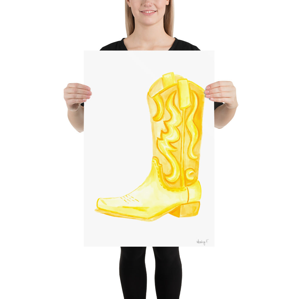 Print | Yellow Watercolor Cowboy Boot | Southern Preppy Decor | Coastal Cowgirl | Rustic Western Art 20×30
