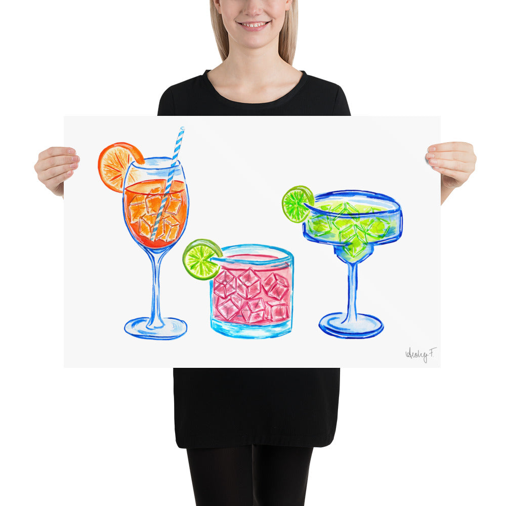 Print | Bright Cocktail Trio Aperol Spritz Margarita Paloma Watercolor | Various Sizes