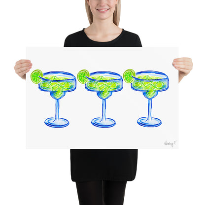 Print | Bright Blue Tequila Margarita Watercolor Trio| Blue Green | Bar Cart Cocktail Kitchen Art Wall Decor | Coastal Cowgirl | Dorm Preppy