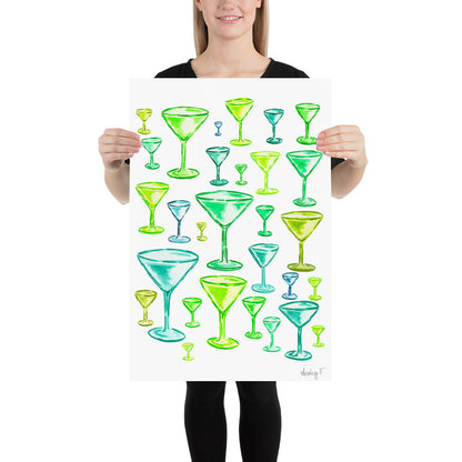 Print | Green Monochromatic Martini Glasses Watercolor | Dirty Espresso Martini | Cocktail Bar Cart Kitchen Wall Art Decor | Preppy | Coastal Cowgirl 20″×30″