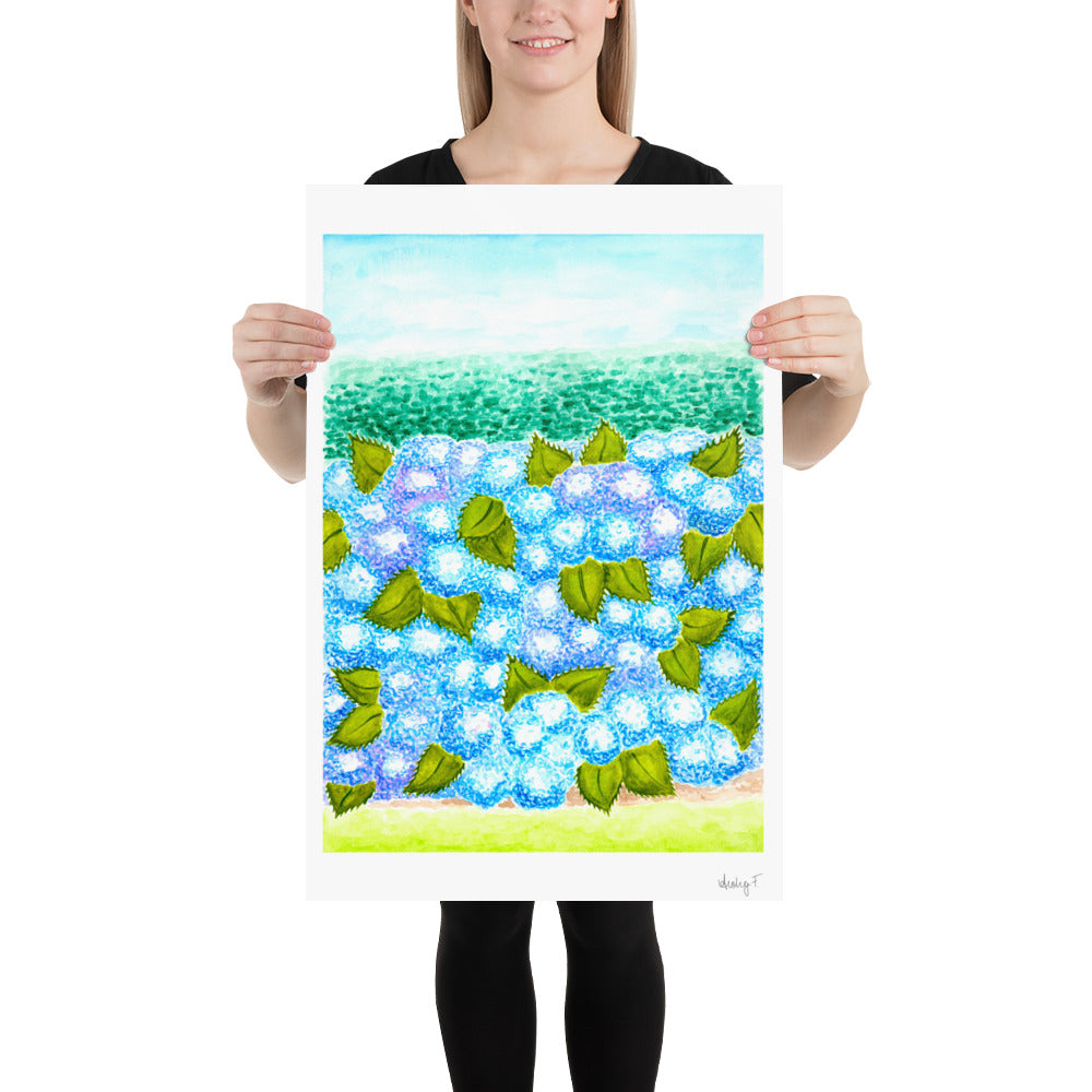 Print | Blue Hydrangea Blooms & Hedge Watercolor | Various Sizes