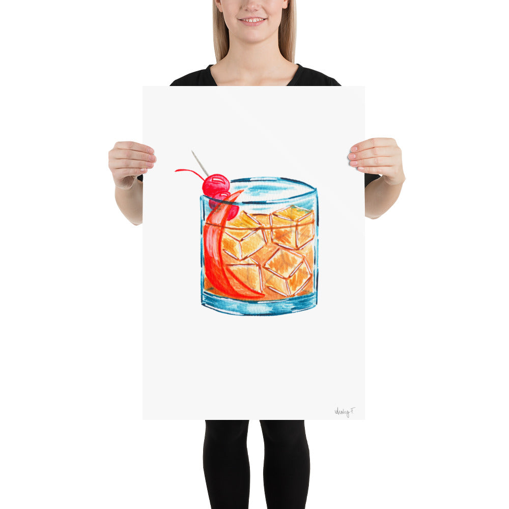 Print | Old Fashioned Whiskey Cocktail Watercolor | Bar Cart Kitchen Decor Poster | Whiskey | Beverage