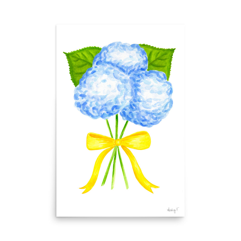 Bunch of Blue Hydrangeas Yellow Bow Watercolor Print | Various Sizes 24″×36″