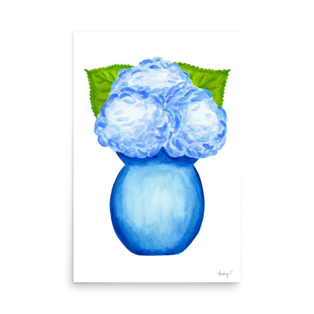 Bunch of Blue Hydrangeas Blue Vase Watercolor Print | Various Sizes 24″×36″