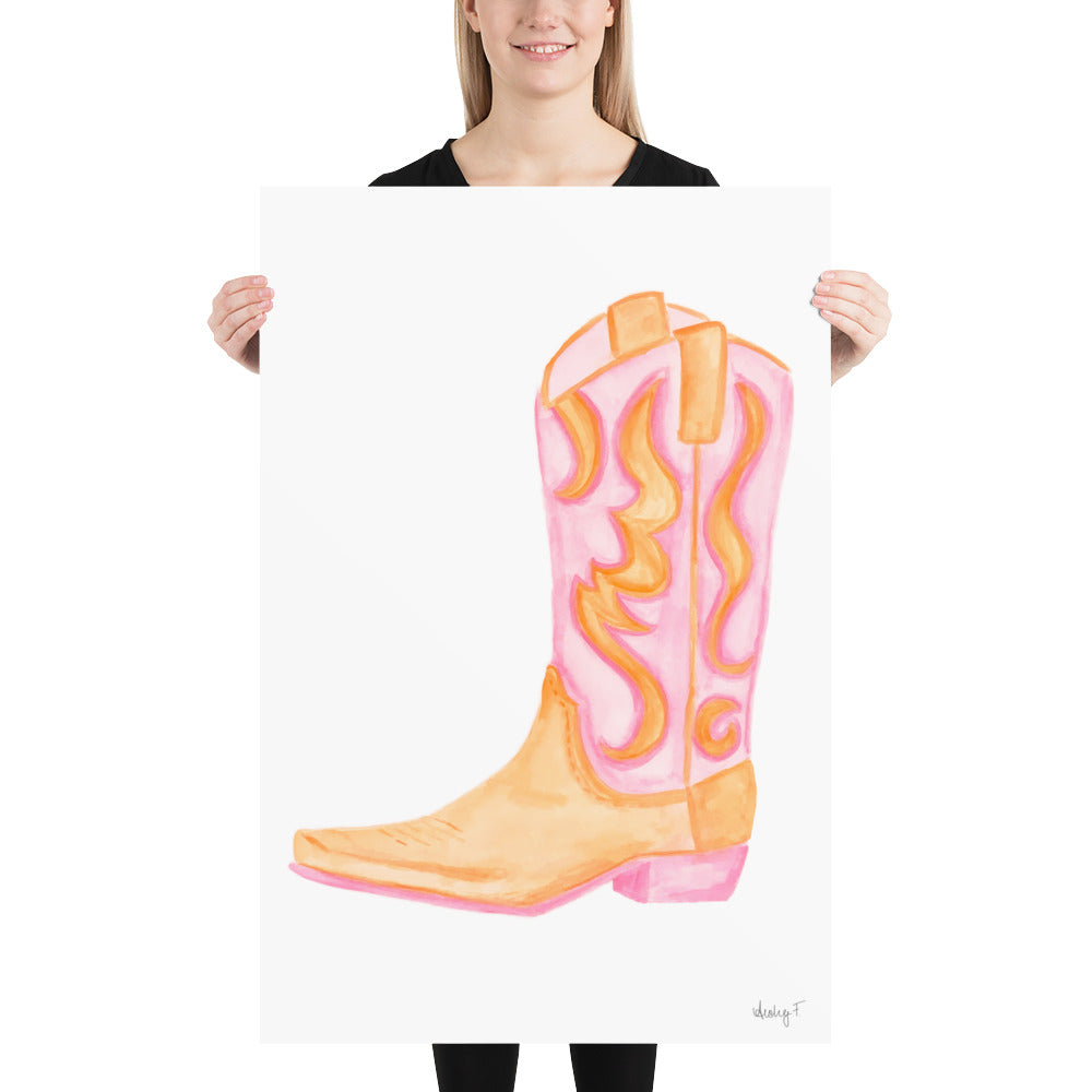 Print | Pink & Orange Cowboy Boot | Cowgirl Art | Dorm Decor | Southern | Preppy | Western | Coastal Cowgirl