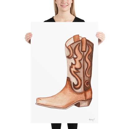 Print | Brown Tonal Watercolor Cowboy Boot | Rustic Decor | Western Art | Southern 24×36