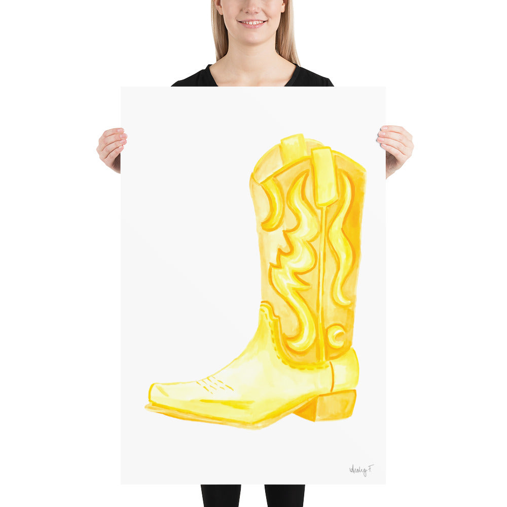 Print | Yellow Watercolor Cowboy Boot | Southern Preppy Decor | Coastal Cowgirl | Rustic Western Art 24×36