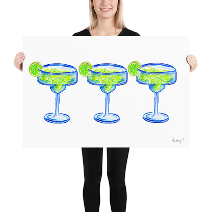 Print | Bright Blue Tequila Margarita Watercolor Trio| Blue Green | Bar Cart Cocktail Kitchen Art Wall Decor | Coastal Cowgirl | Dorm Preppy