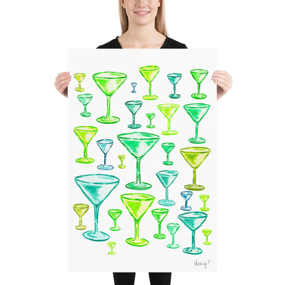 Print | Green Monochromatic Martini Glasses Watercolor | Dirty Espresso Martini | Cocktail Bar Cart Kitchen Wall Art Decor | Preppy | Coastal Cowgirl 24″×36″