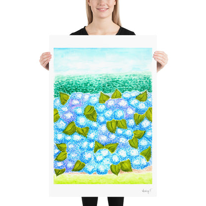 Print | Blue Hydrangea Blooms & Hedge Watercolor | Various Sizes