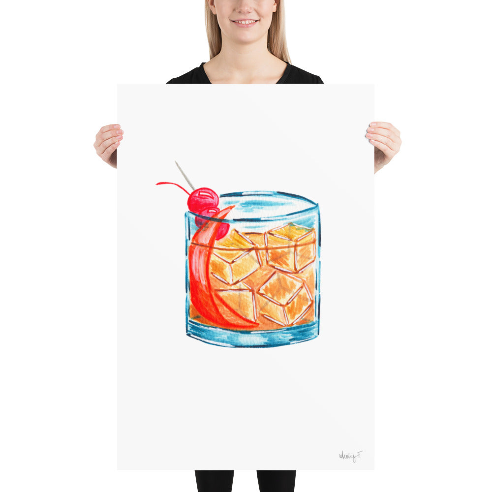 Print | Old Fashioned Whiskey Cocktail Watercolor | Bar Cart Kitchen Decor Poster | Whiskey | Beverage