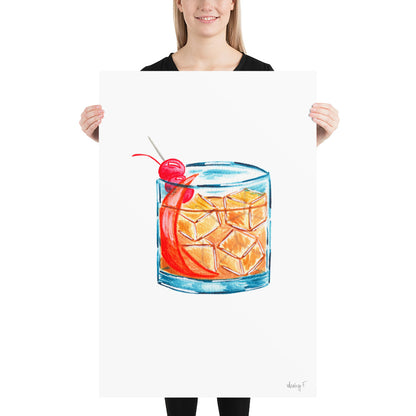 Print | Watercolor Old Fashioned Whiskey Cocktail 24×36