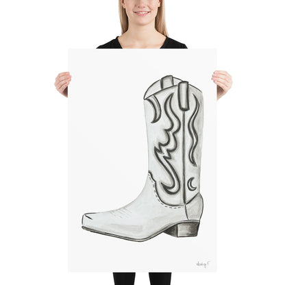 Print | Watercolor White & Gray Cowboy Boot 24″×36″