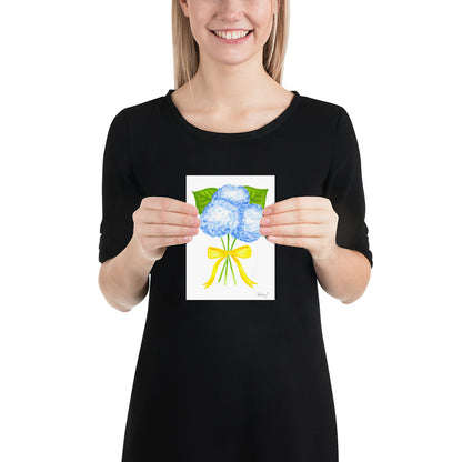 Bunch of Blue Hydrangeas Yellow Bow Watercolor Print | Various Sizes 5″×7″