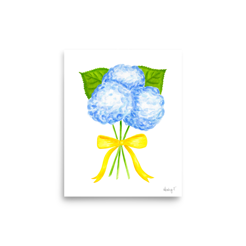 Bunch of Blue Hydrangeas Yellow Bow Watercolor Print | Various Sizes 8×10