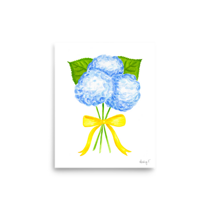 Bunch of Blue Hydrangeas Yellow Bow Watercolor Print | Various Sizes 8×10