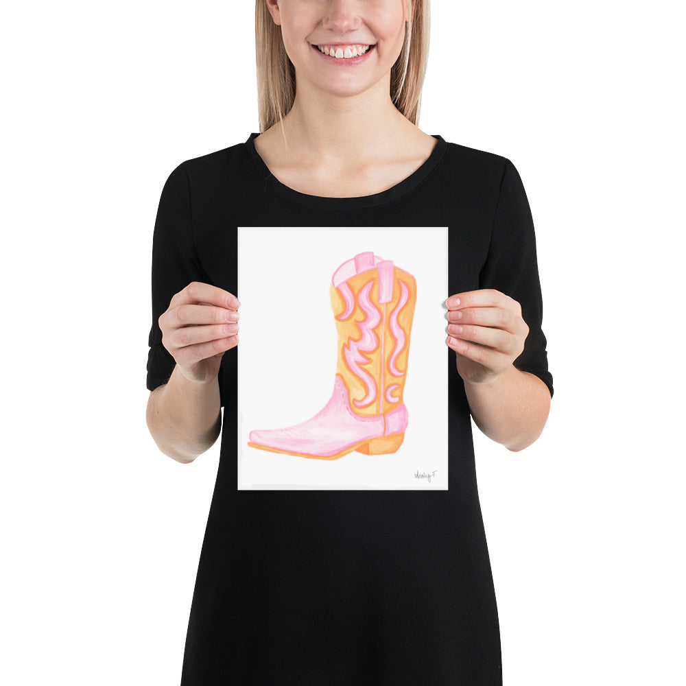 Print | Pink & Orange Cowboy Boot | Cowgirl Art | Dorm Decor | Southern | Preppy | Western | Coastal Cowgirl | Pink and Orange Wall Art
