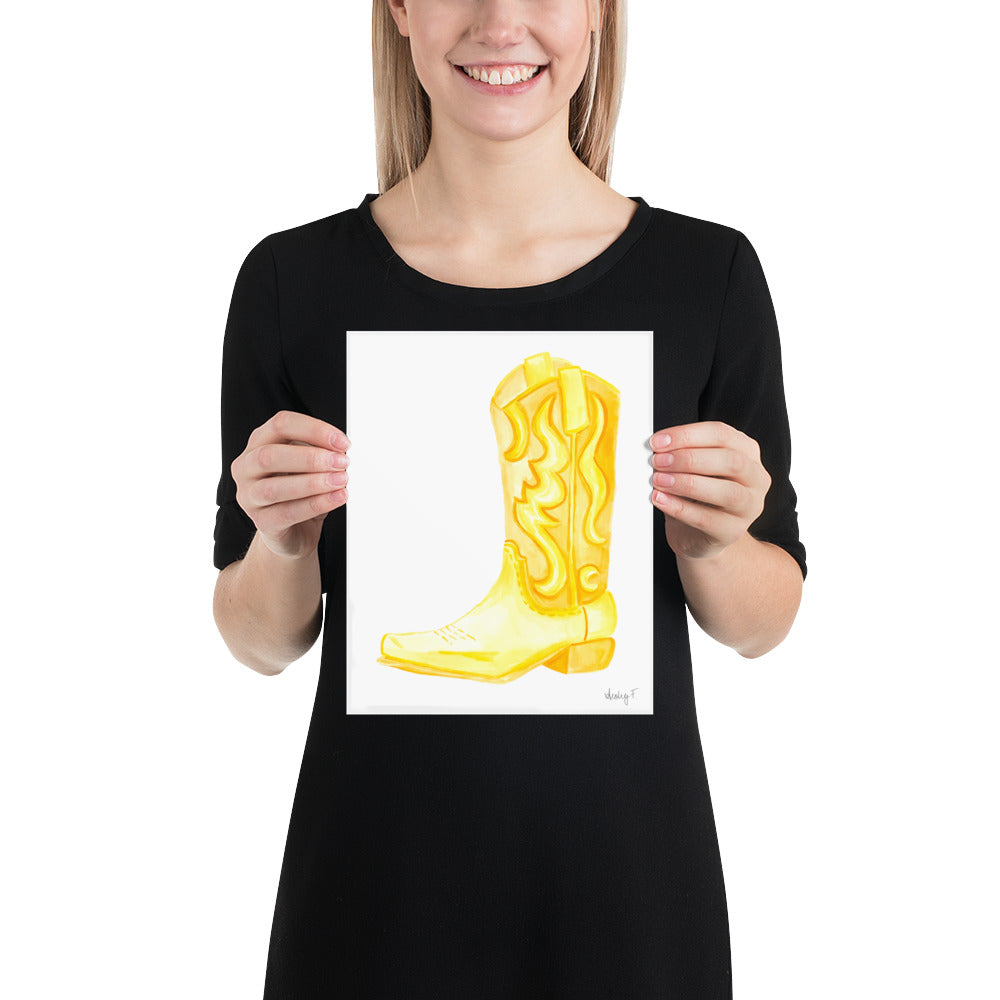 Print | Yellow Watercolor Cowboy Boot | Southern Preppy Decor | Coastal Cowgirl | Rustic Western Art 8×10
