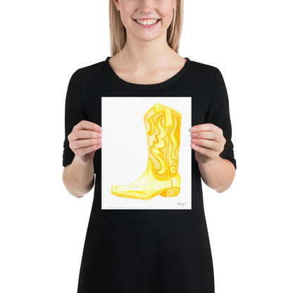 Print | Yellow Watercolor Cowboy Boot | Southern Preppy Decor | Coastal Cowgirl | Rustic Western Art 8×10