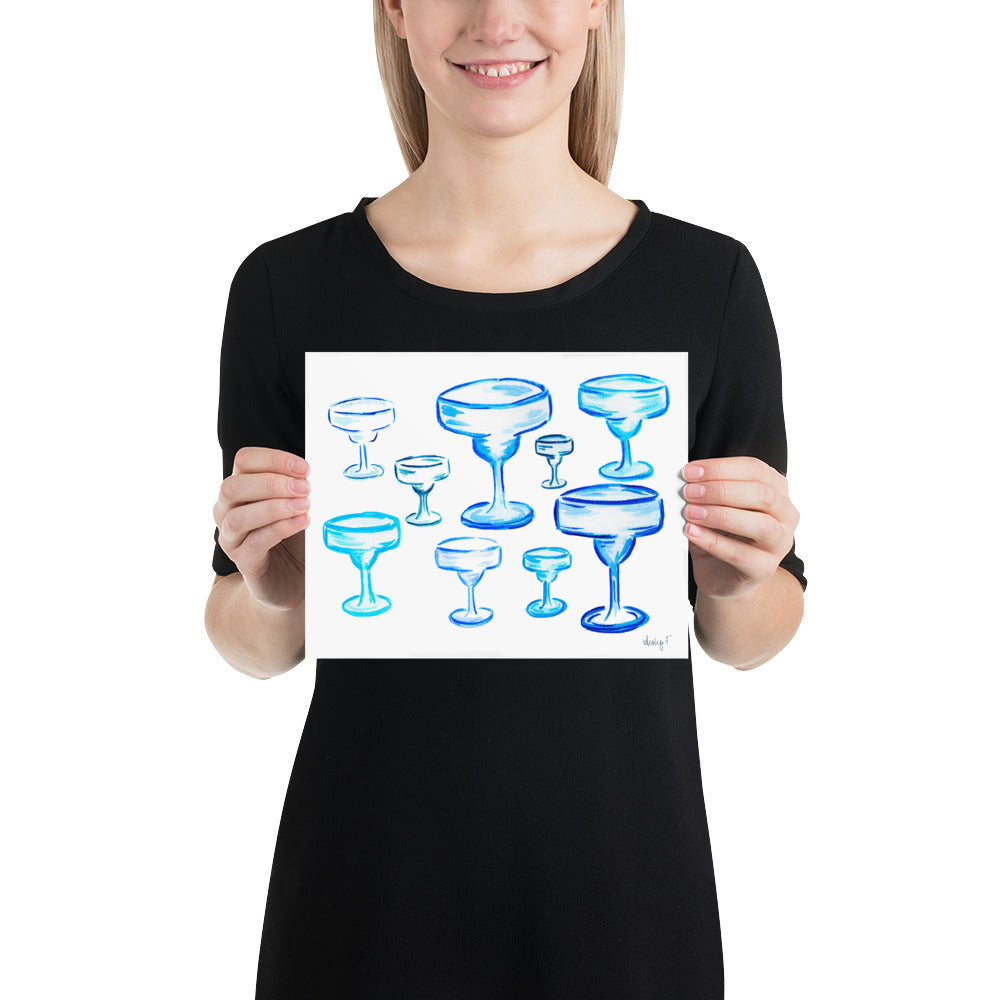 Print | Blue Margarita Glasses | Cocktail Bar Cart Kitchen Decor | Tequila | Coastal Cowgirl | Preppy Dorm
