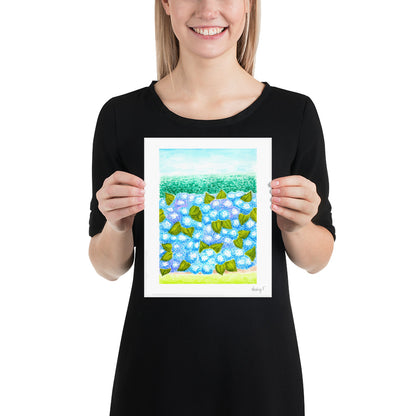 Print | Blue Hydrangea Blooms & Hedge Watercolor | Various Sizes