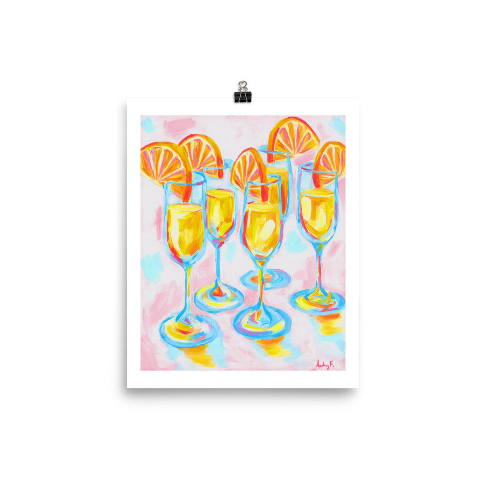 Pink & Orange Mimosas Blue Champagne Flutes Abstract Acrylic Print 8″×10″