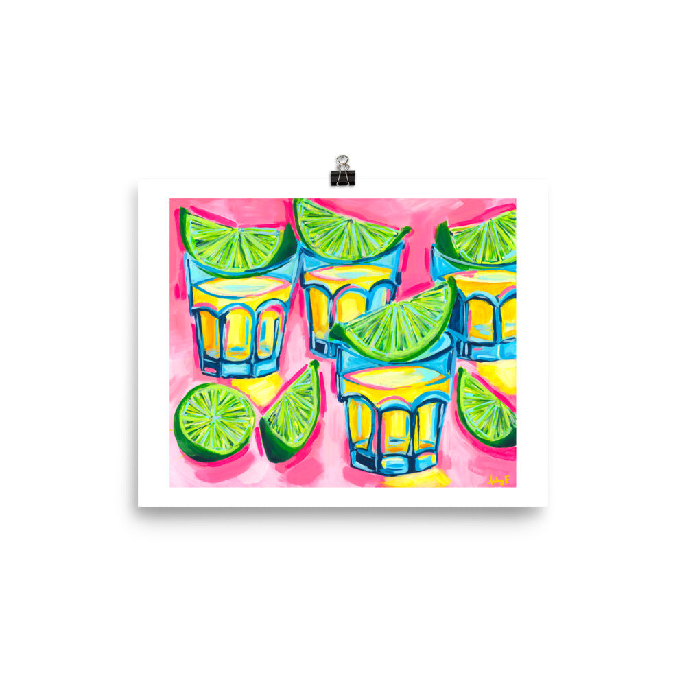 “One More Round” | Pink Tequila Shots & Limes Abstract Acrylic Cocktail Art Print 8″×10″
