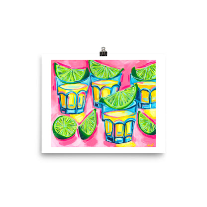 “One More Round” | Pink Tequila Shots & Limes Abstract Acrylic Cocktail Art Print 8″×10″