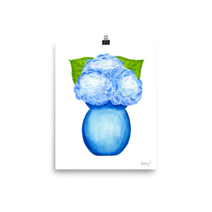 Bunch of Blue Hydrangeas Blue Vase Watercolor Print | Various Sizes 8″×10″