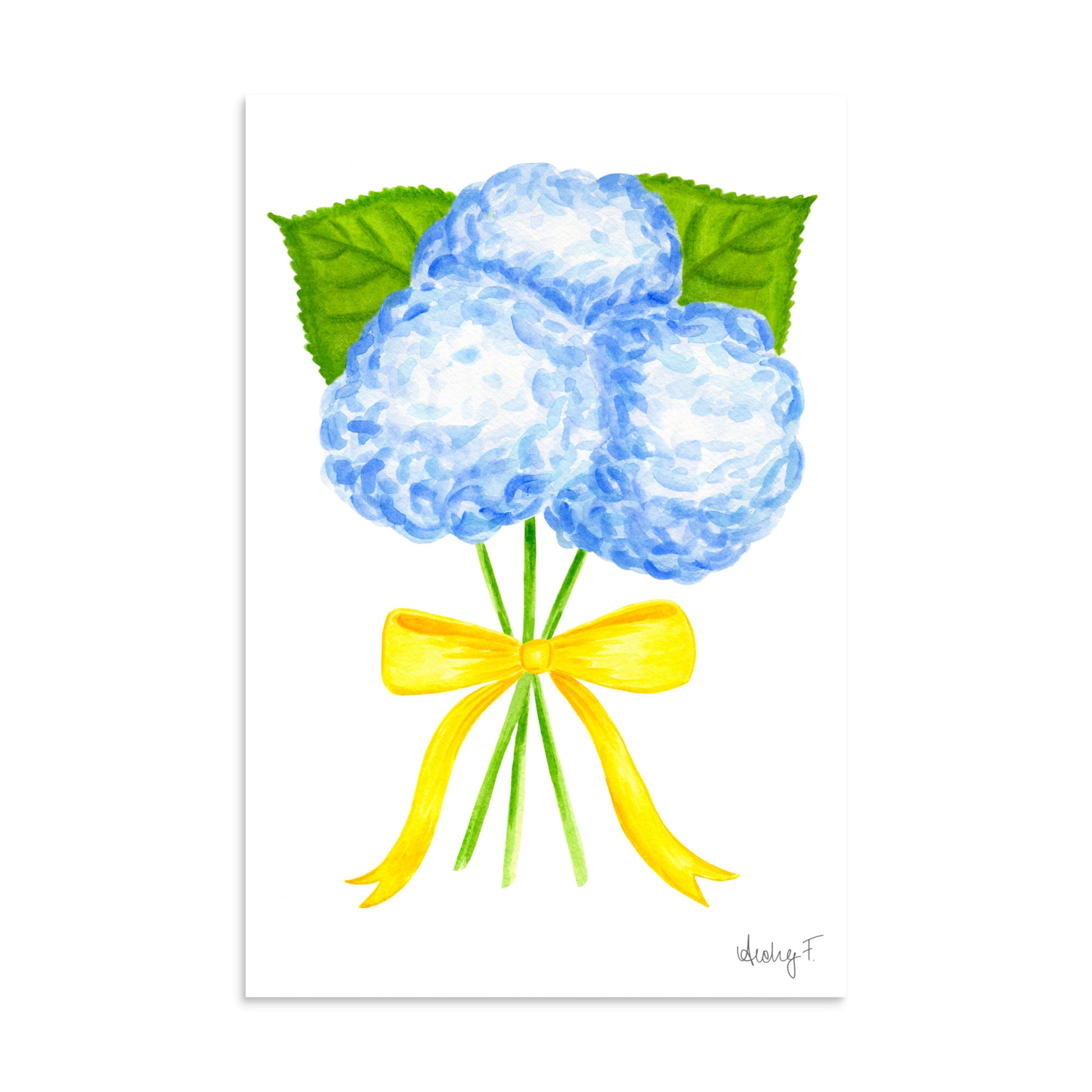 Bunch of Blue Hydrangeas Yellow Bow Watercolor Print | Various Sizes 8″×12″