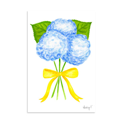 Bunch of Blue Hydrangeas Yellow Bow Watercolor Print | Various Sizes 8″×12″