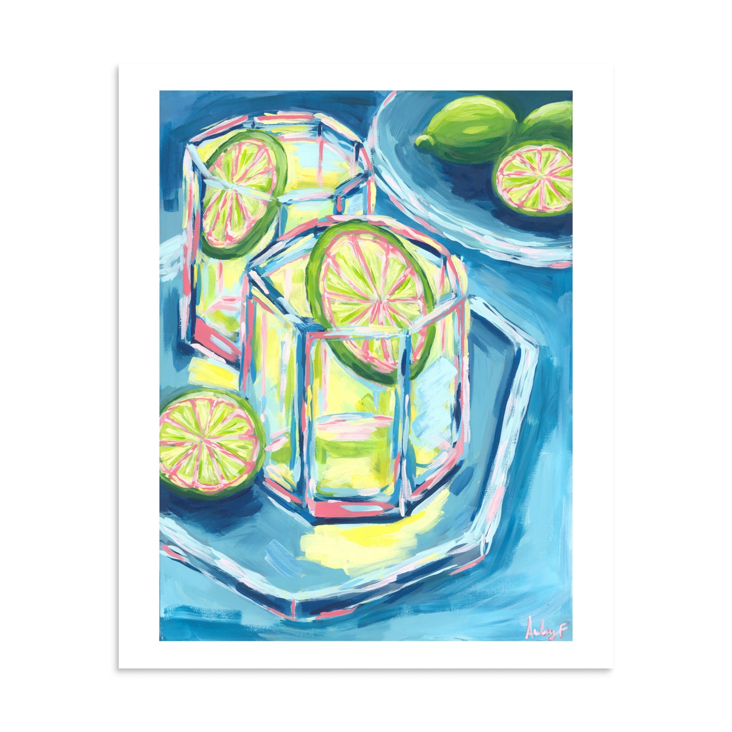 “Margarita Night” | Blue, Pink, & Green | Abstract Acrylic Cocktail Arr Print 9″×11″